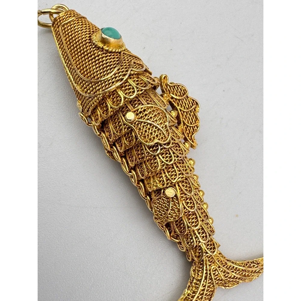 Vintage Chinese Export Silver Vermeil Articulated Koi Fish Pendant Turquoise Eye